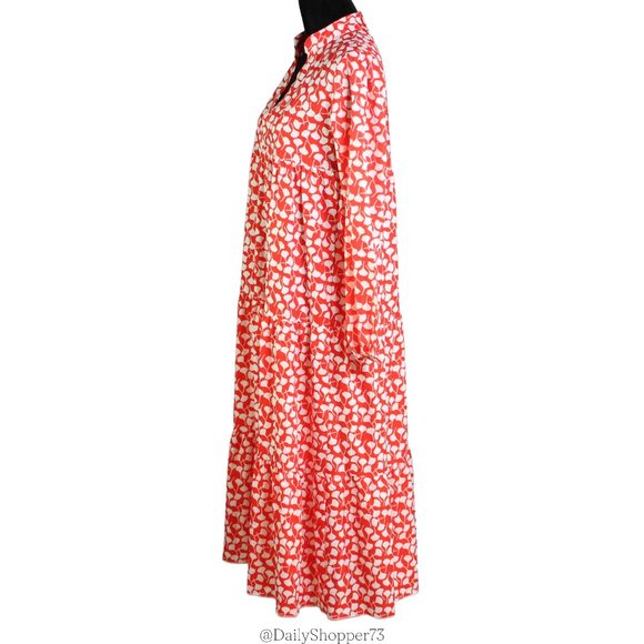 Women's Ginkgo Leaf Patterned Tiered Flounce V-Neck Band Collar Maxi Dress - Picture 2 of 4